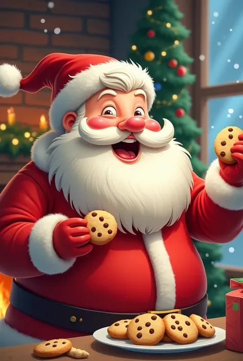 with an animated style,  Christmas spirit man,  eating cookies 