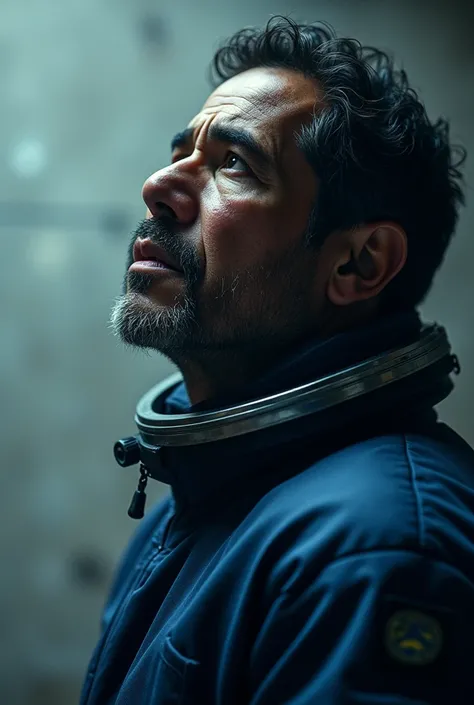 The movie poster of a 40-year-old Mexican man is intense, close-shot, wearing a navy blue spacesuit, side view,  looking up