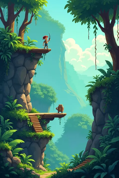 A platform game jungle, trees, blocks, rocks, chests, leathers,  sideScroller, platformer, sidescroller, gameplay, by eme, plant, stairs