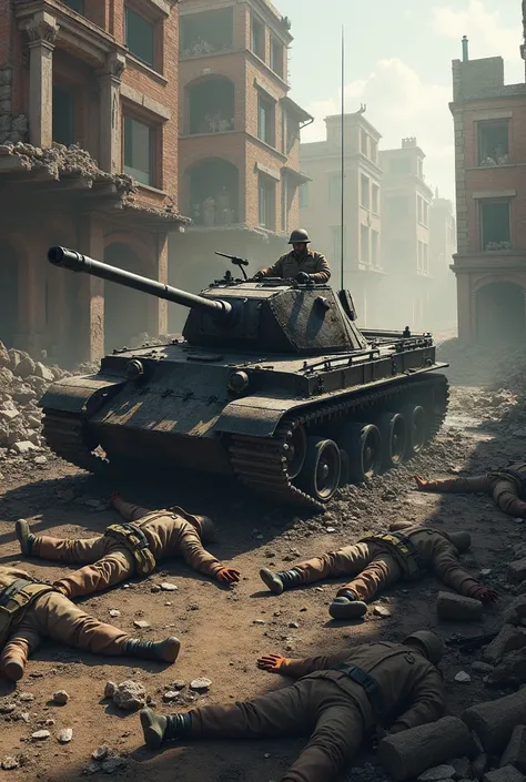 A burnt tank and soldiers killed in the rubble of houses 