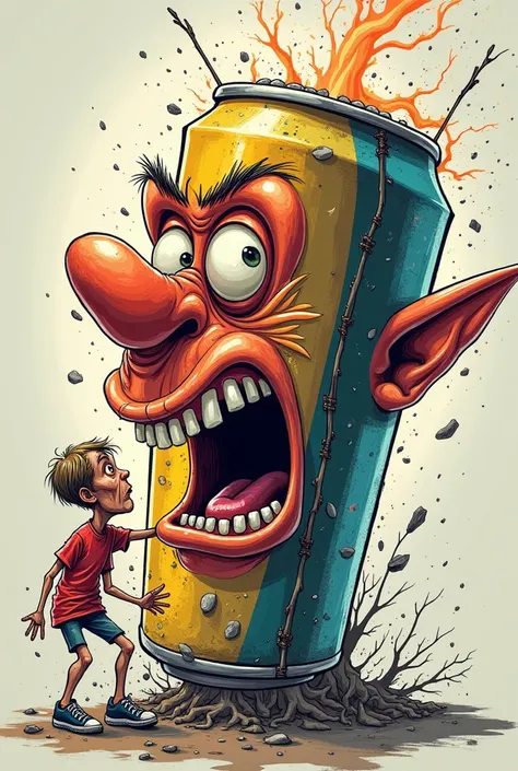  Very easy to draw caricature-style drawing that symbolizes how energy drinks harm the human body (with the energy drink as the antagonist and the protagonist is a human )