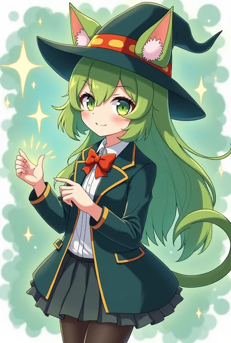 Half cat girl, with cat ears, green fur, cat whiskers, wearing a uniform and a magicians hat,  drawing style Little Witch Academia 