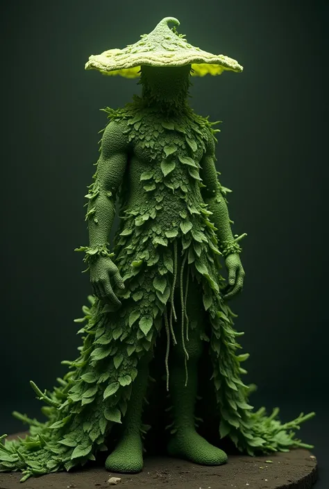 Young man made of fungi, Madeira, foliage, metamorphoses. rpg. Game. dark background. medieval. Cloak of leaves. mushrooms. Cor de pele Madeira. Fungus skin texture. Braço de Madeira.  Green magic coming out of the hands. 3D animation. Leaf body .