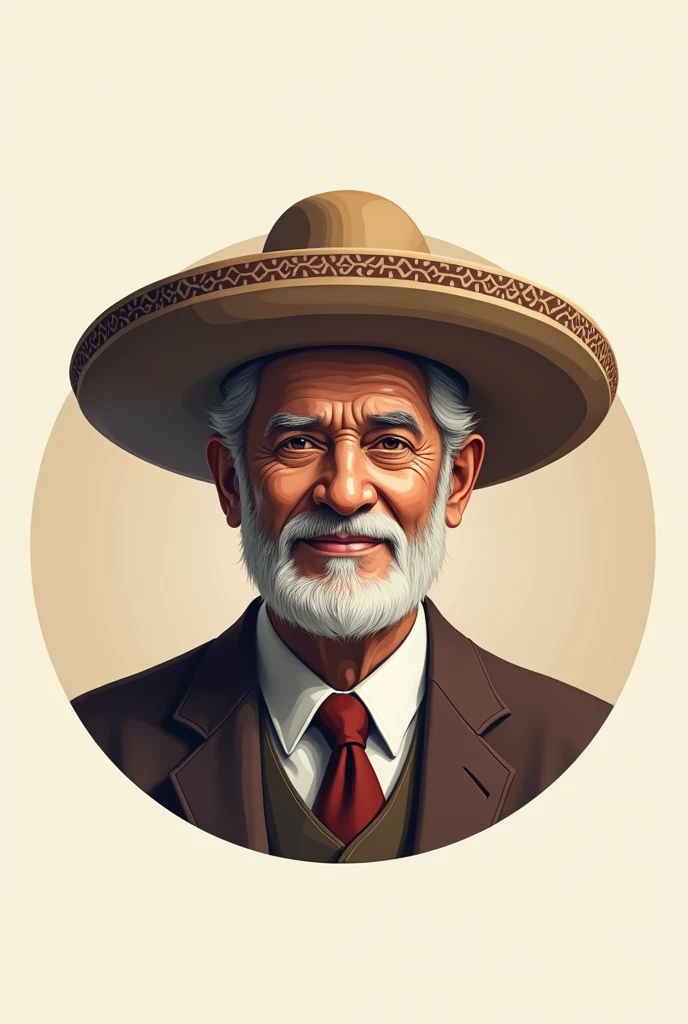 Create an image of a man wearing a Peruvian Camarquin hat for a round logo but that the man is old but animated as a professional logo not as lively as a professional logo, that is minimalist 