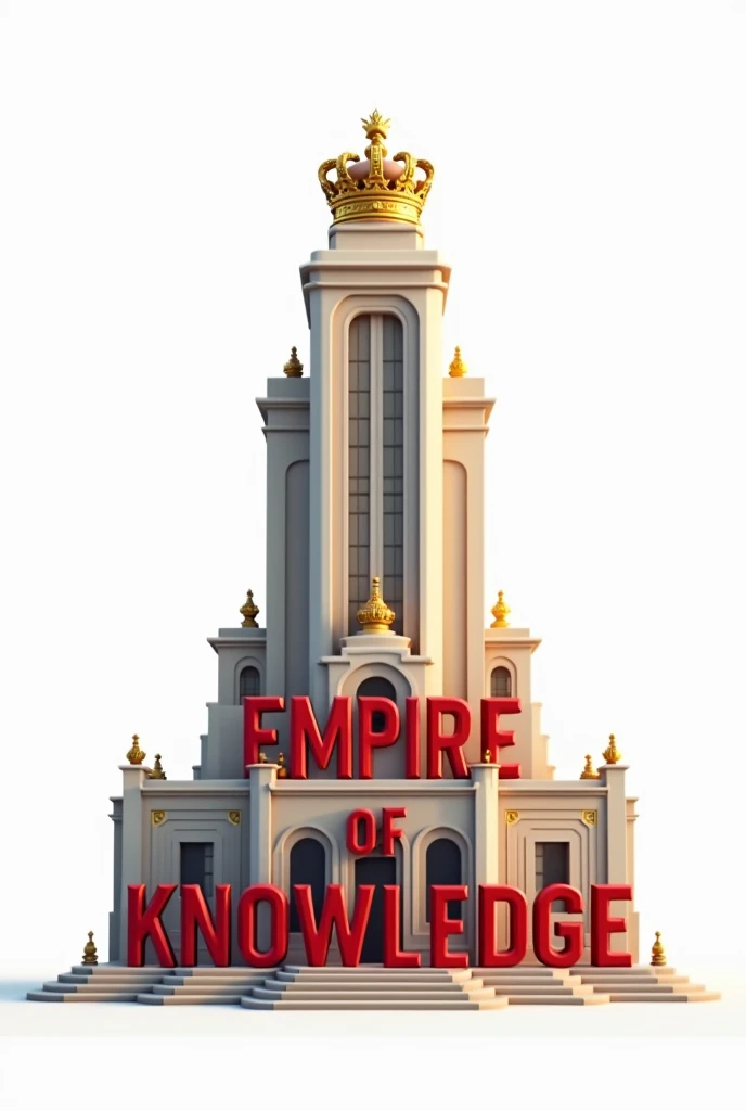 Prepare a youtube channel logo that says "The Empire of Knowledge" in the form of a tall building on a white page and in the red colour text written empire of knowledge on the building toped with a golden crown 