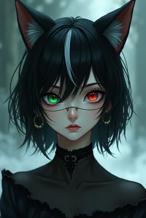  A girl with short, shoulder length black hair with white streaks, One eye is green, and the other is red, with a nose band , with cat ears 