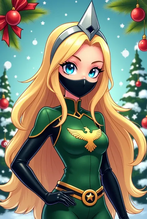 Cartoon-style character,  Christmas background, female character with long blond hair and radiant blue eyes with a pointed crown on her head in the color silver, all without any pearls and with a black band around her mouth, green outfit with a master eagl...