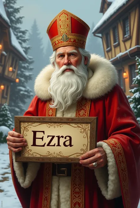 Saint Nicolas avec panneau écrit "Ezra "