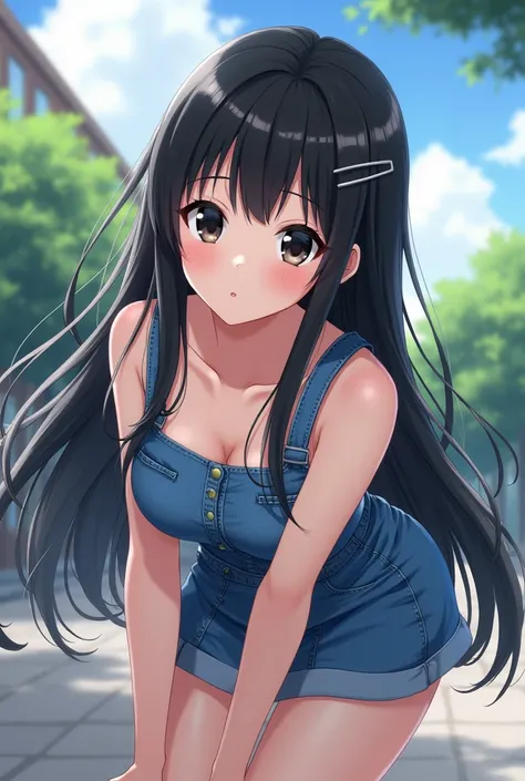 HIGH QUALITY ANIME LONG BLACK HAIR BLACK EYES 24 YEAR OLD BEAUTIFUL GIRL CUTE DENIM SKIRT DRESS PRETTY HANDS ATTACHED CUTE HAIRPIN TO MY HAIR UNIVERSITY BACKGROUND LEANING FORWARD HANDS KNEES BACK