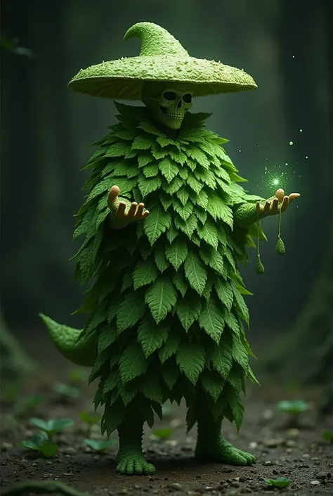 Young man made of fungi, Madeira, foliage, metamorphoses. rpg. Game. dark background. medieval. Cloak of leaves. mushrooms. Cor de pele Madeira. Fungus skin texture. Braço de Madeira.  Green magic coming out of the hands. 3D animation. Leaf body . Green Ri...