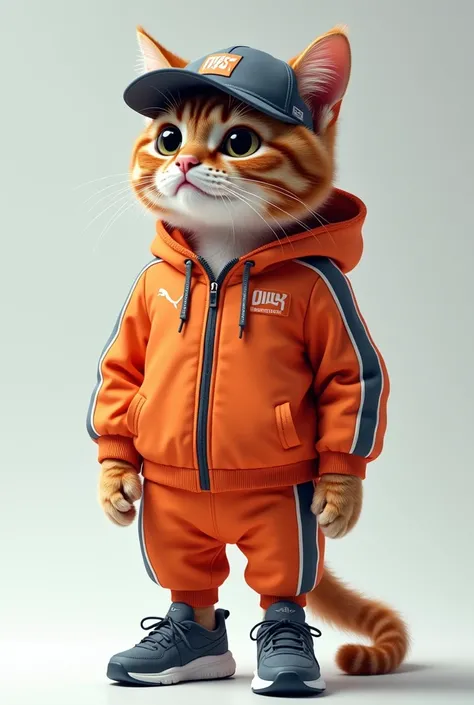 A cat wearing a puma , outfit, puma shoes and a Nike Trail cap