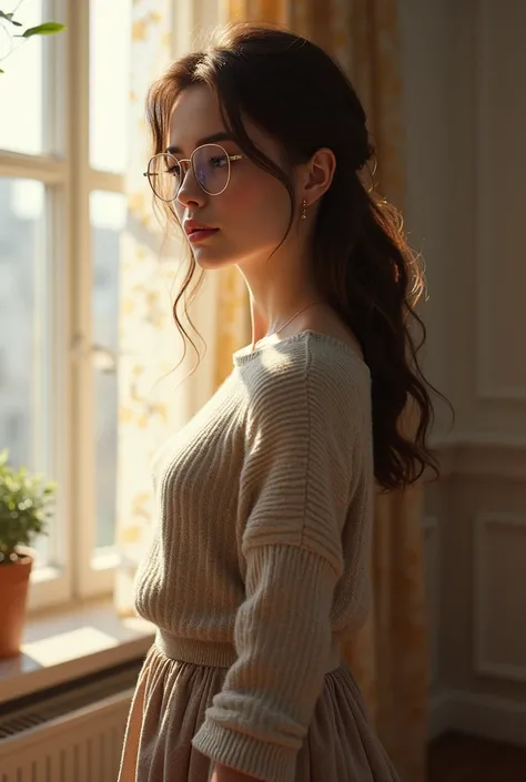 draw me a girl, 18 years old, Beautiful, Russian, in profile and standing on the floor with long hair and round glasses,  long eyelashes , plump lips,  striped sweater , long skirt, реалистичный face