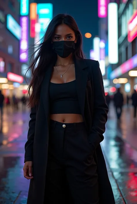 
A hyper-realistic depiction of an Indigenous woman standing in a brightly illuminated urban cityscape at night. She has long, flowing dark hair, and her face is partially covered with a stylish black mask, emphasizing her intense, well-made-up eyes. She w...