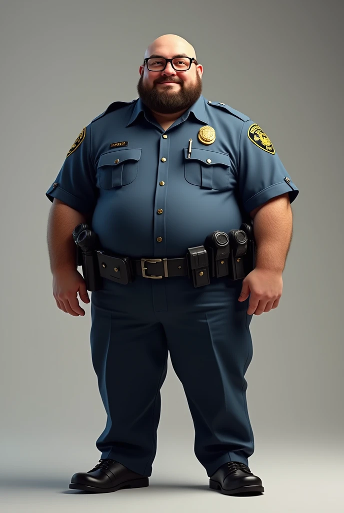 A chubby police officer. He has a beard and glasses. He wears a police uniform