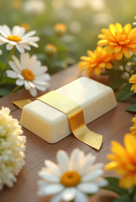 Label wrapping a golden, empty, white chocolate horizontally on a table surrounded by white, yellow, and orange flowers in a garden