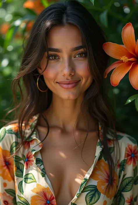  A Brazilian woman in a lush tropical garden,  wearing an open shirt with floral print ,  with a close up capturing the harmonious beauty between her breasts and natural flowers,  showing your natural charm and outgoing personality.