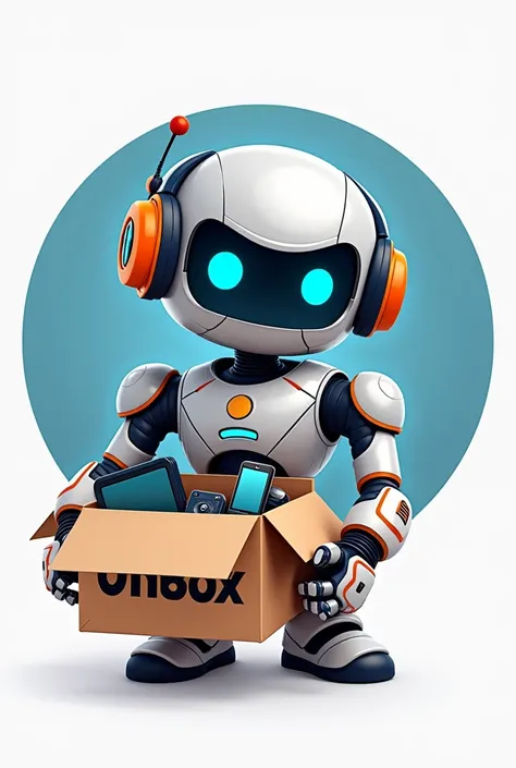  Create a logo for technical assistance for cell phones and electronics , call "UNBOX".  In the logo is a stylized humanoid robot with a futuristic design ,  in metallic silver tones , Blue and black,  some orange details to make the look very striking ,  ...