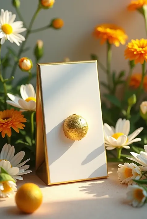 White, empty label surrounding a gold-wrapped chocolate on a table surrounded by white, yellow and orange flowers in a garden