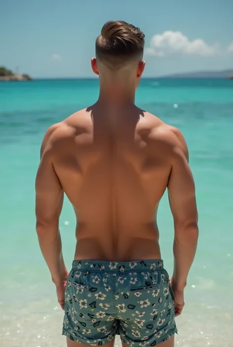 A cute young handsome and athletic guy  sunbathing military haircut A sensual man, big erection, 
. he is shirtless, showing off his well-defined physique, and wearing only swimming shorts. 