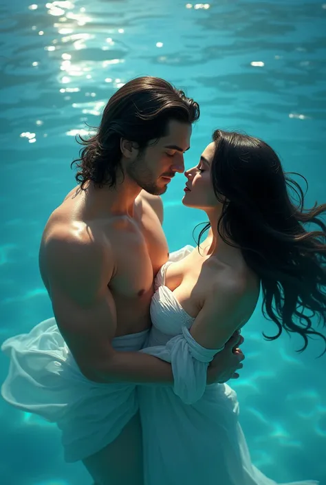 A man with long dark hair in love and a woman with long dark hair cuddle in azure water 