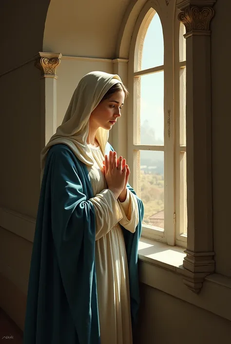 Mary mother of Jesus looking through a window