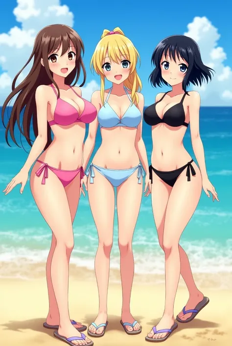 3 Young anime women standing on a beach, first with long brunette hair and brown eyes and wearing pink triangle bikini top and pink tie-side bikini bottoms, second with long blonde hair with ponytail and blue eyes and wearing light blue triangle bikini top...