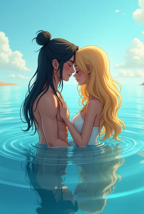  A man in love with long dark hair tied in a bun and a woman with long blond hair cuddle in azure water. couple standing with their backs  