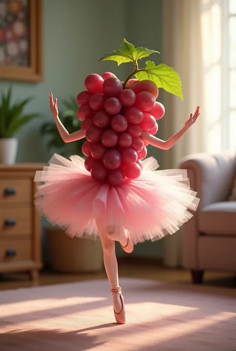  an adorable grape dressed in a delicate ballet costume ,  including a pink tulle skirt and pointe shoes . Grape ,  with its bright and vibrant waterfall ,  is gracefully balanced atop a dead ,  performing elegant ballet movements . It rotates softly , wit...