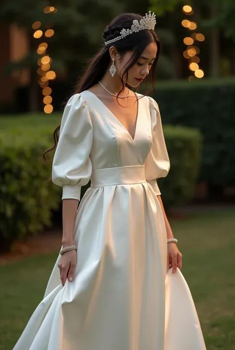 A 1 Thai female wears an elegant first-holy communion dress, white ivory satin with voluminous 3/4 length sleeves, a traditional white A-line gown, ankle-length long, the dress is loose and bigger than her size, Half Up Braid hairstyle. She lowers her head...