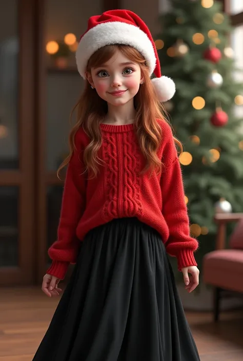 (Photorealism:1.2) Girl  with red sweater and long black skirt with a red santa hat 