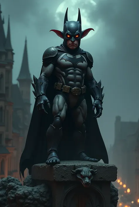 A goblin dressed up as batman with no skin visible for a table top rpg very gritty and dark theme but with a focus on a medieval fantasy world
The figure stands on a gargoyle at night looking over the roofs of a city 