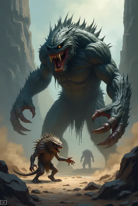 Little monster fighting giant monster 