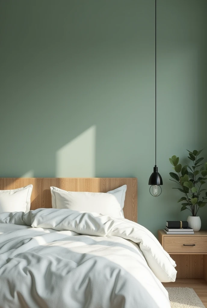  A bedroom with walls in the “Serene Water Green” tone by Coral , a white comforter ,  light wood headboard and discreet black iron lamps.