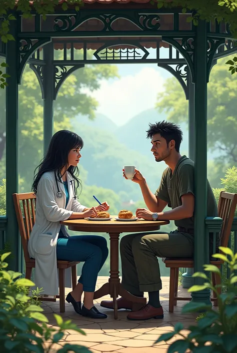  Let the woman : doctor, black hair, blue eyes, orta boylu 
Erkek: soldier, impoverished, black hair, black-eyed 

Position : sitting in the gazebo eating tea and bagels sitting next to each other, realistic