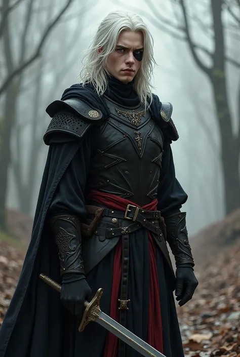 Marvel comics style,  medieval Game of Thrones style , young man character, white hair with brown highlights ,  a black eye and another blue eye , white pele,  wearing a black outfit with red details 