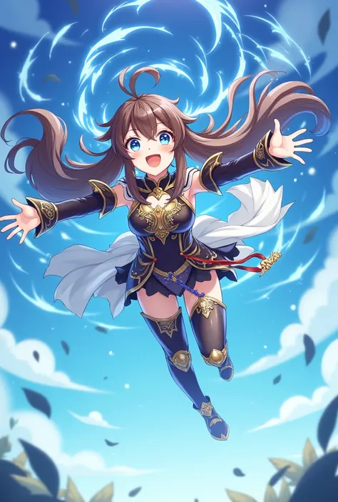 Wallpaper:anime style, genshi impact, has long brow hair and long blue eyes, happy with a Paladin Armor and is flying with telekinesis and her aura is blue and holding her hands
