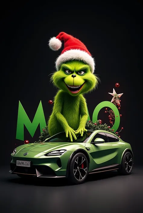 A Grinch wearing a Christmas cap , about a modern car and the name Memo in large.  black background  