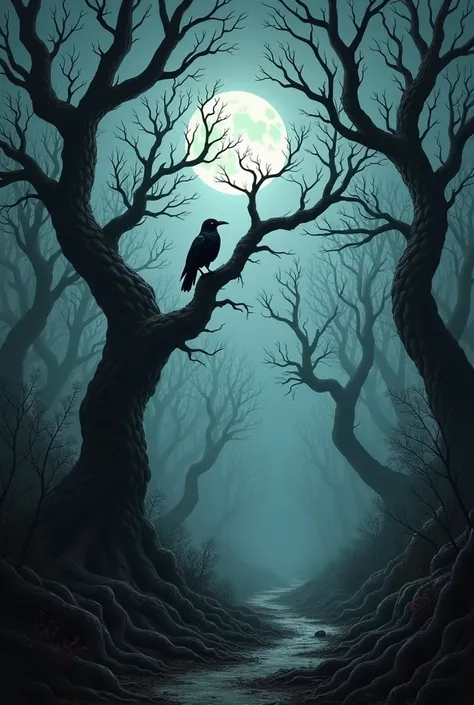 Create an image of a macabre forest to be the title of a story