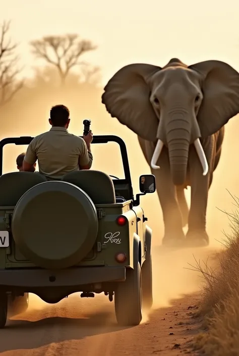 A late-afternoon African savannah scene shows a dusty, golden-lit landscape with sparse grass and acacia trees. An open-top safari jeep sits at eye level, where a khaki-clad wildlife photographer clings to the seat, camera aimed steadily forward. Charging ...