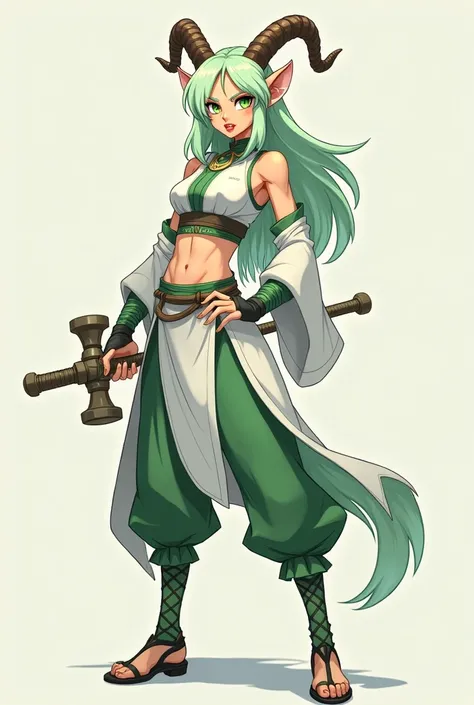 Character design. Stylish Woman, Smug smile, Goat eyes, Bharal Ears and Horns, green and white bleach hair, packed abs, medium chest, White and green kung fu fighter clothes, has a kung fu hammer. Full body image. Anime art 2d