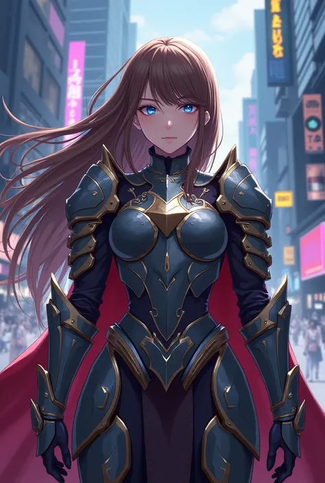 Wallpaper:anime style, genshi impact, has long brow hair and long blue eyes, serious with a Paladin Armor, Cyberpunk field City