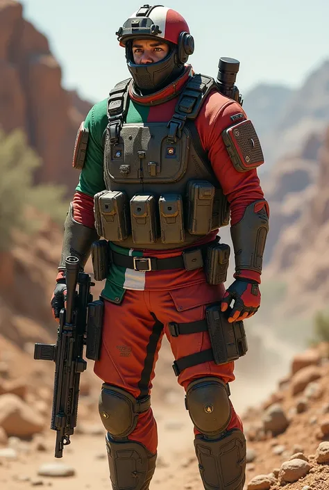 Mexican soldier who is super armed and wearing a special suit wearing a colored suit of his flag without a helmet 
 