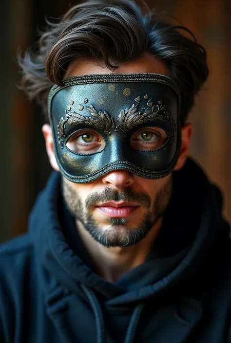 Un portrait vue de 3/4. un homme porte un masque de théatre