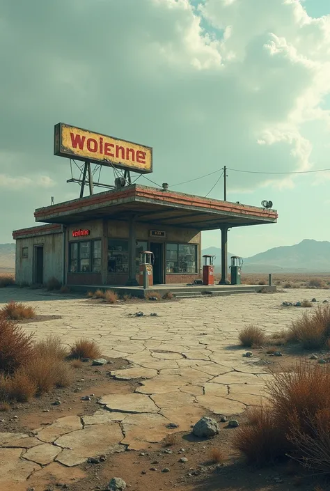 post apocalyptic gas station in a desolate environment