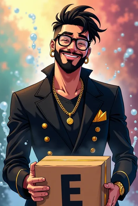 "An anime-style young man with a well-groomed beard and impeccable hair, wears gold hoop earrings and black glasses with gold details. He wears a black American hip-hop suit with gold accents and a large E on his chest, enhanced by a thin gold necklace and...