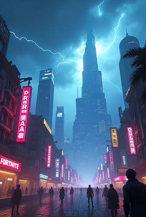 Lieu Mega City avec la tempête de FORTNITE, avec les meme graphismes que dans le jeu FORTNITE 