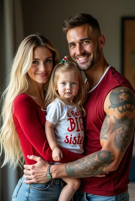 Tan caucasian female with long blonde hair, blue eyes, long eye lashes, wearing a christmas outfit, standing with a tan caucasian male with very short brown hair, brown eyes, big muscles with tattoos, wearing a christmas outfit, both of them holding a litt...