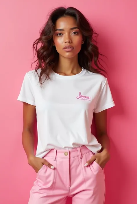 Create photo of a womens t-shirt brand in pink and white 