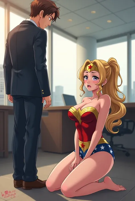  Blonde secretary with curly ponytail,  Wonder Woman lingerie ,  Wonder Woman, Slim body,  big breasts, in love,  kneeling on the floor,  annoyed, helpless, embarrassed, begging her boyfriend , tall and thin doctor ,  brown hair , office, anime