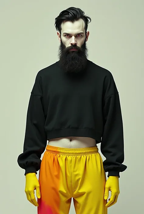 A man wearing black sweater with yellow female ceop top with demale yellow gloves with black pants yelllw at the shins and yellow WXQ mens running shoes. Skin is pale with red eyes and black hair he has a beard.